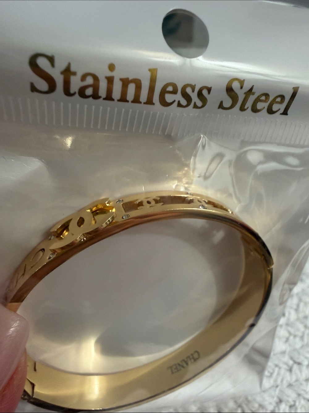 Gold-Tone | NEW Stainless Steel Logo Crystal Accent Bangle - Picture 11 of 11